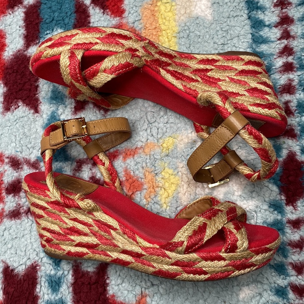 Tory Burch Red and Tan Wedge Sandals